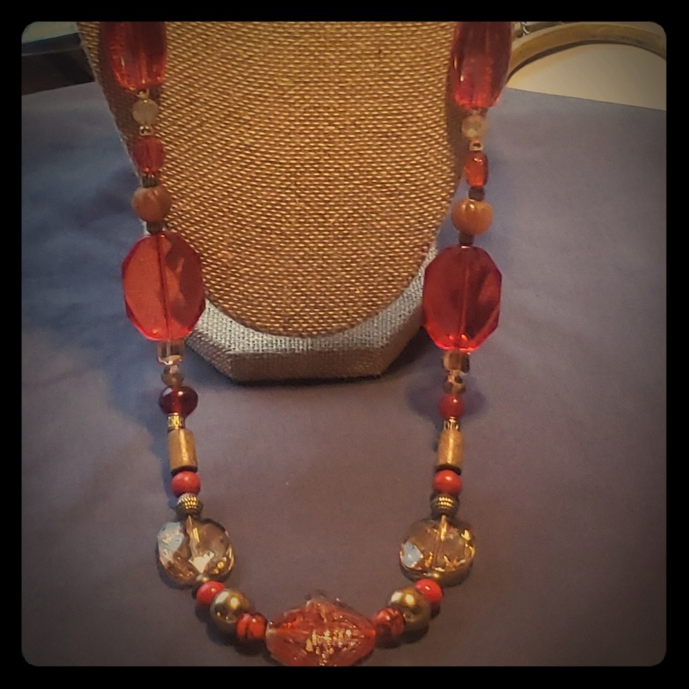 Women's fashion necklace in red and gold. Handmade